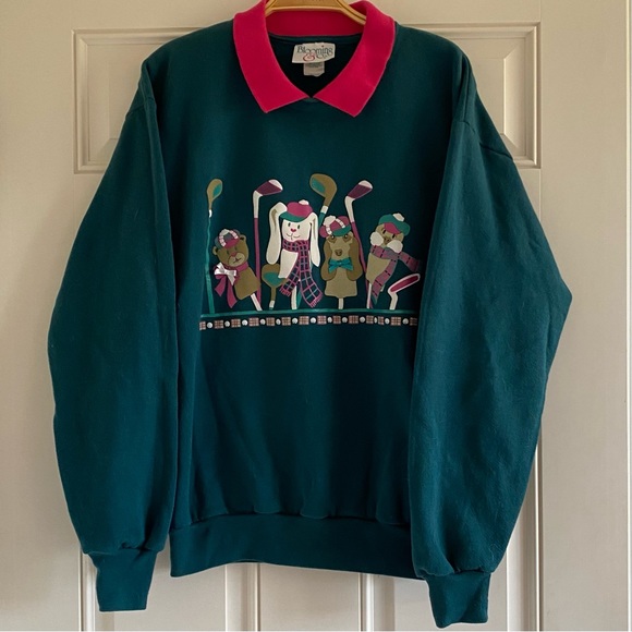 Vintage Sweaters - Vintage 80s Blooming & Co Crewneck Sweatshirt Gold Collared Top Green Pink Med